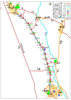نقشه مسیر بین دو شهر نجف و کربلا