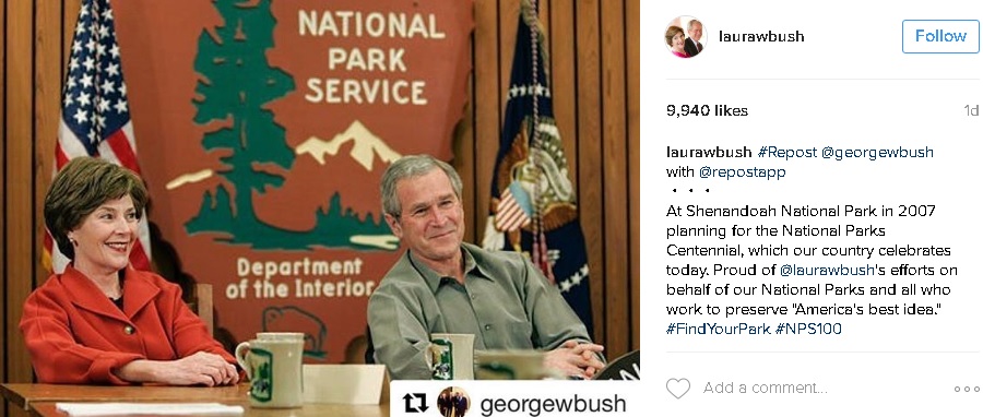 جرج بوش و همسرش در حال برنامه ریزی برای آینده پارک های طبیعی آمریکا+اینستاپست