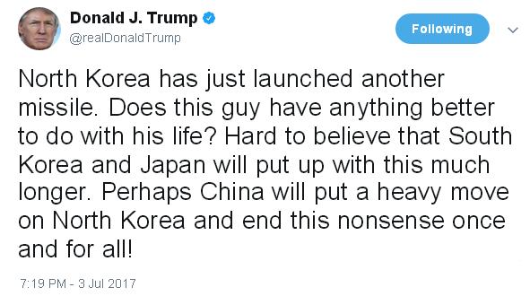 واکنش توییتری سریع ترامپ به آزمایش موشکی کره شمالی در روز استقلال آمریکا